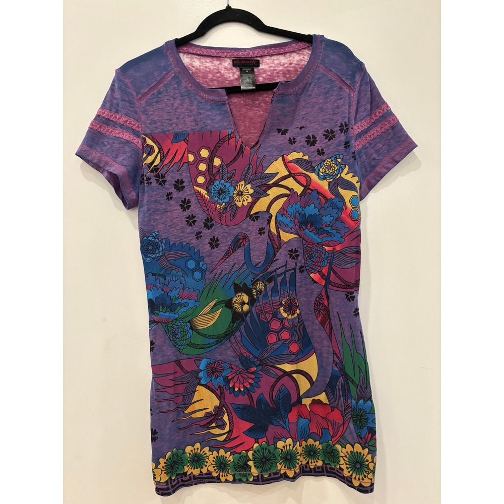 NWOT Custo Barcelona Burnout Graphic Floral Bird Lace Trim Top YK 90s tunic